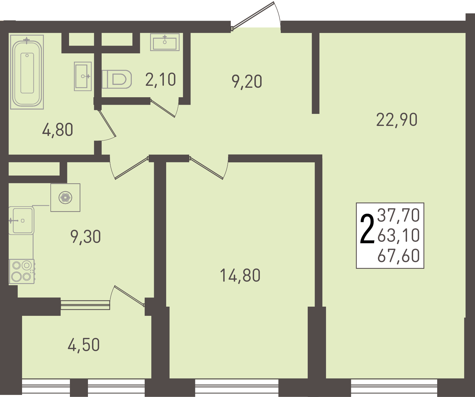 2-комнатная 67 м2 в ЖК Югге корпус null этаж 7