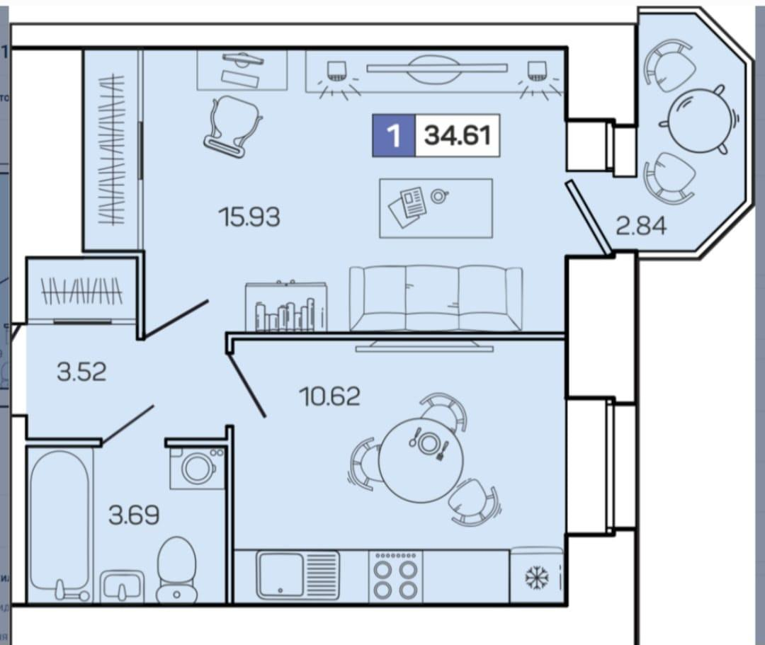 1-комнатная 33.8 м2 в ЖК undefined корпус null этаж 9