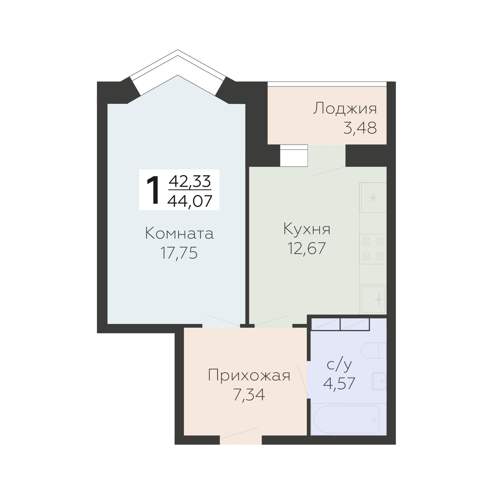 1-комнатная 44 м2 в ЖК Nova парк корпус null этаж 14