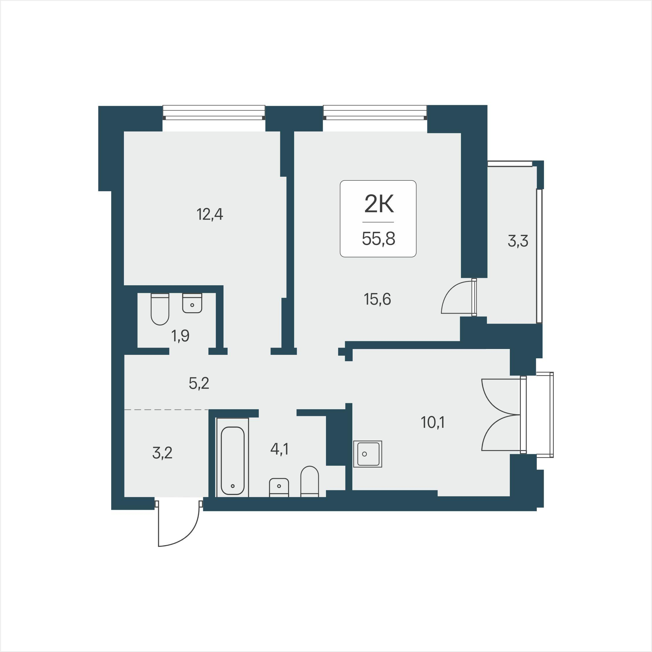2-комнатная 55 м2 в ЖК Расцветай на Кропоткина корпус null этаж 11