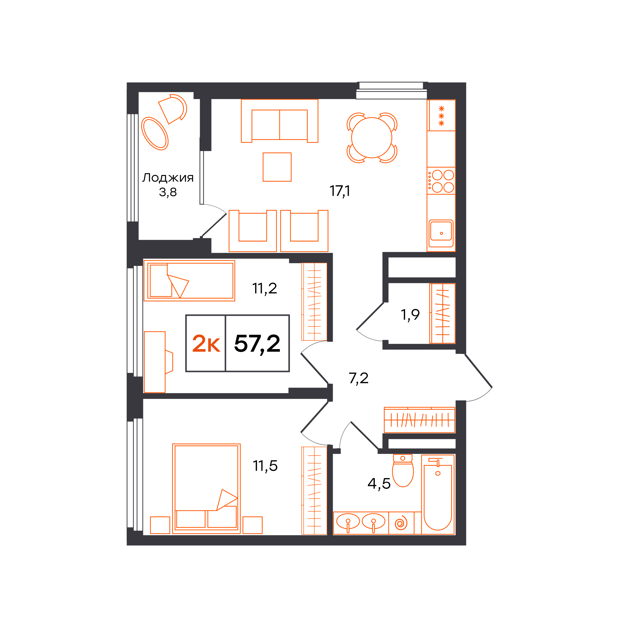 2-комнатная 57 м2 в ЖК Александровский корпус null этаж 5