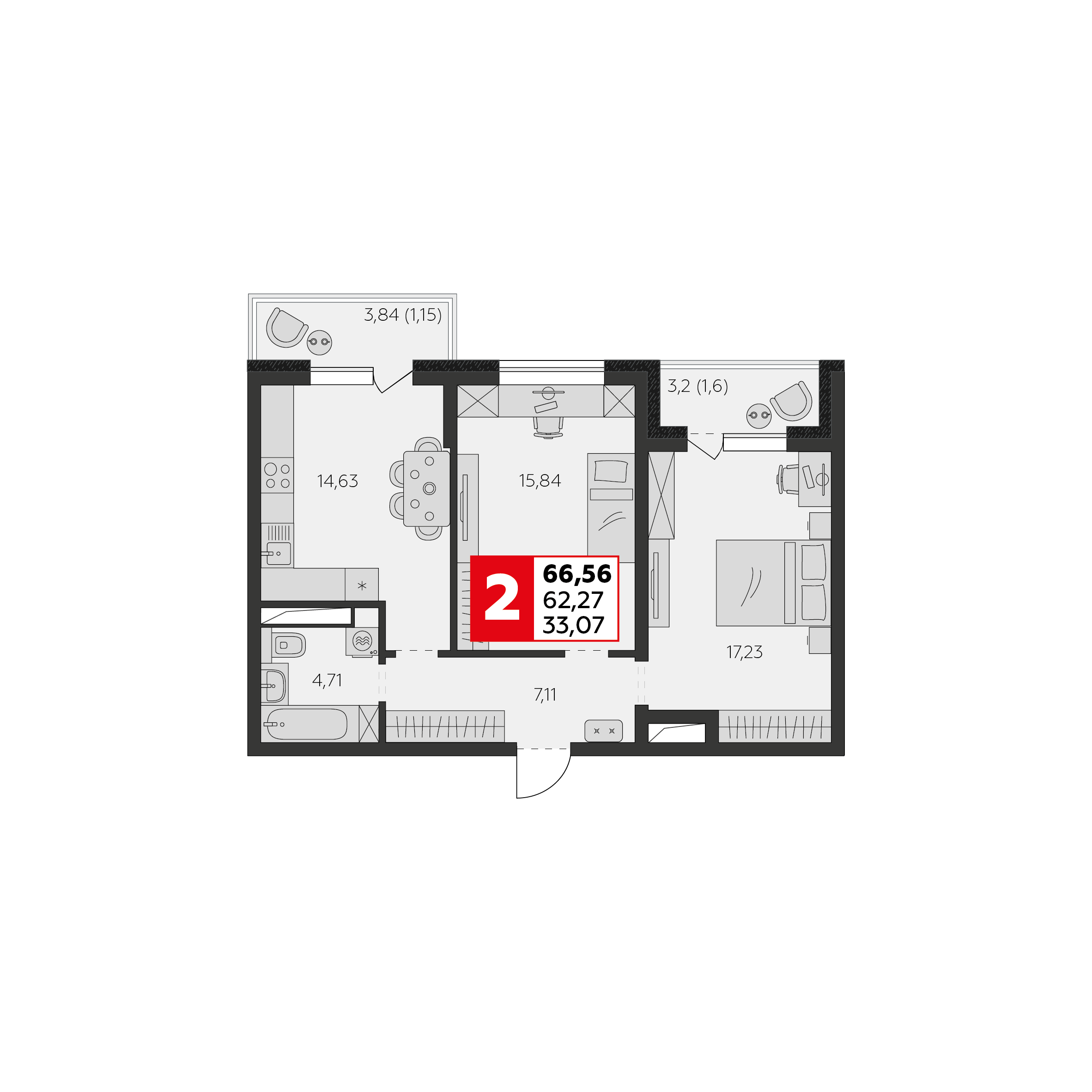 2-комнатная 62 м2 в ЖК К24 корпус null этаж 3