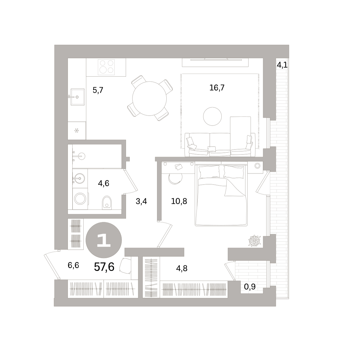 1-комнатная 57 м2 в ЖК Северный ветер корпус null этаж 2