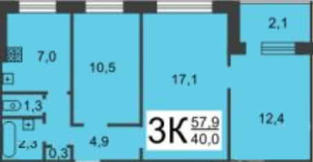 3-комнатная 57.9 м2 в ЖК undefined корпус null этаж 9