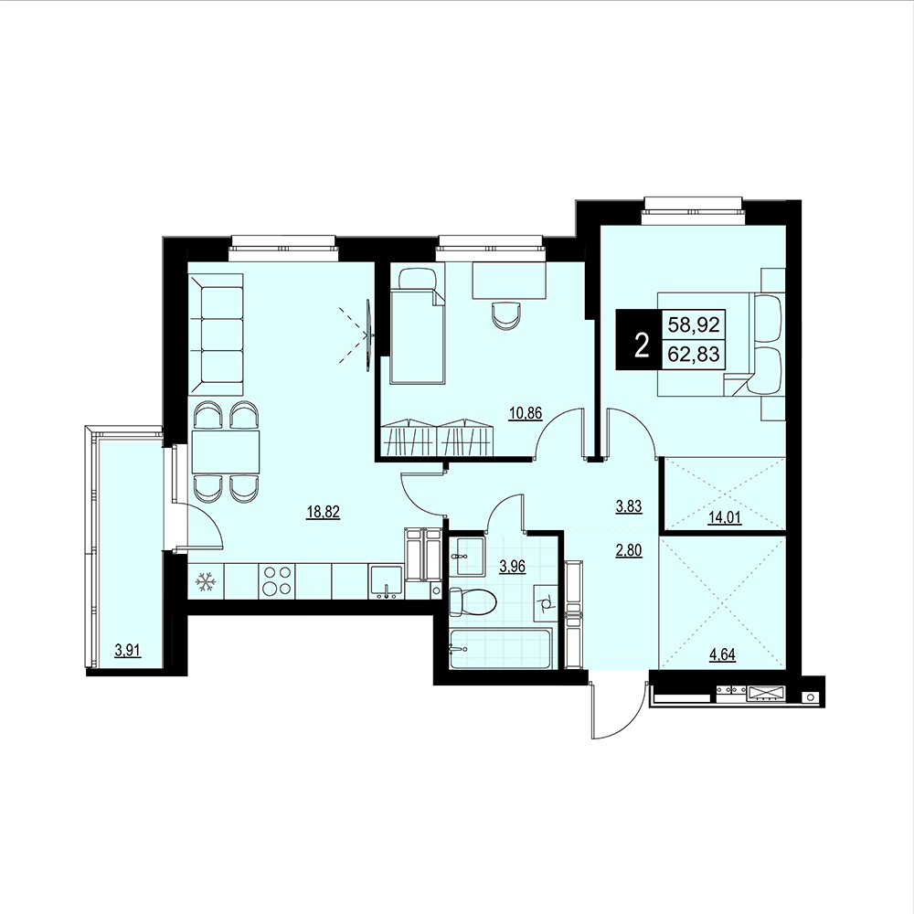 2-комнатная 60 м2 в ЖК Макрорайон Амград корпус null этаж 12