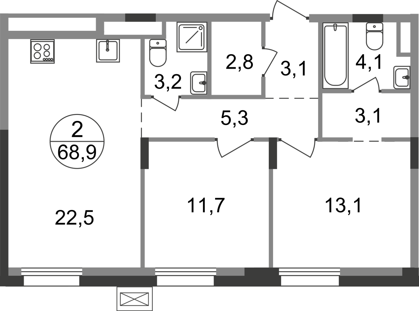 2-комнатная 68 м2 в ЖК Резиденции Сколково корпус null этаж 2