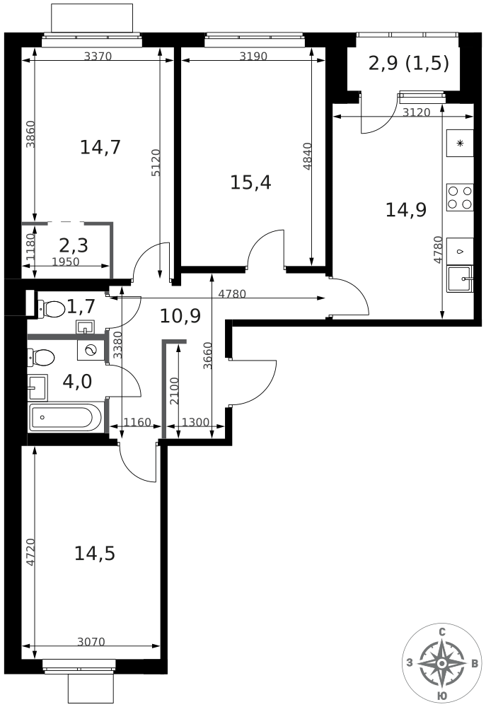 3-комнатная 80 м2 в ЖК 1-й Ясеневский корпус null этаж 3