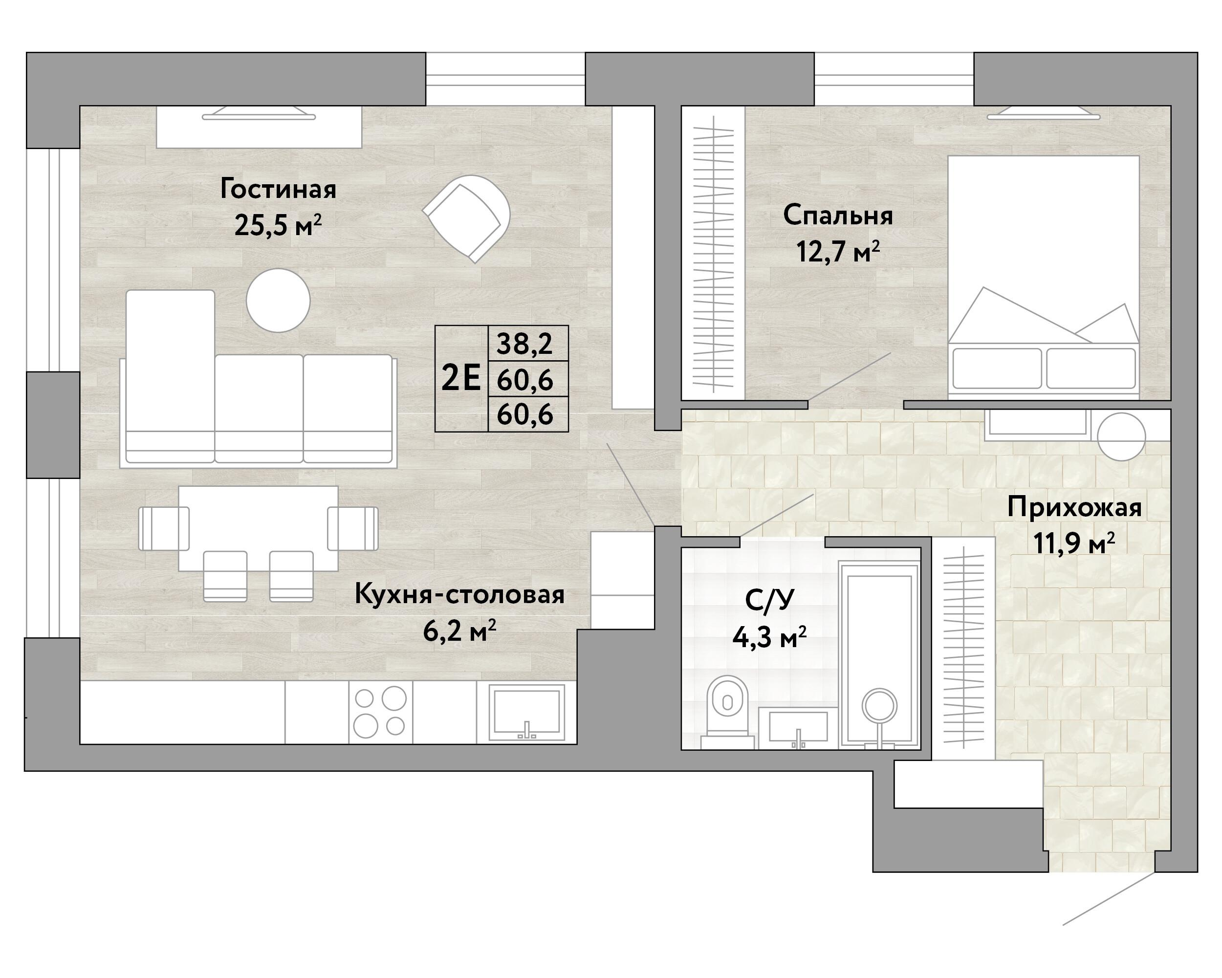 2-комнатная 60 м2 в ЖК Green 2 корпус null этаж 2
