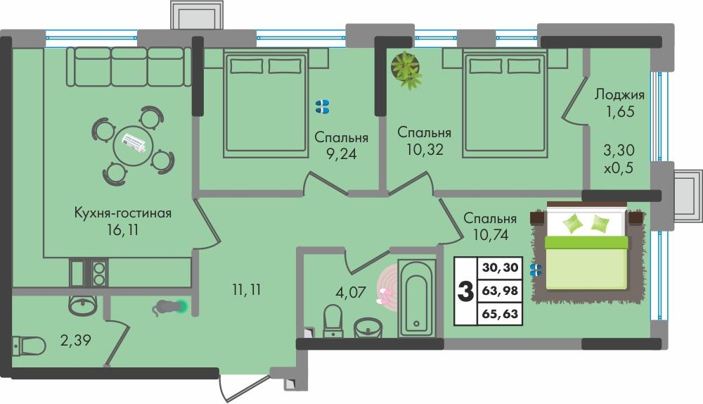 3-комнатная 65 м2 в ЖК Зеленая территория корпус null этаж 8