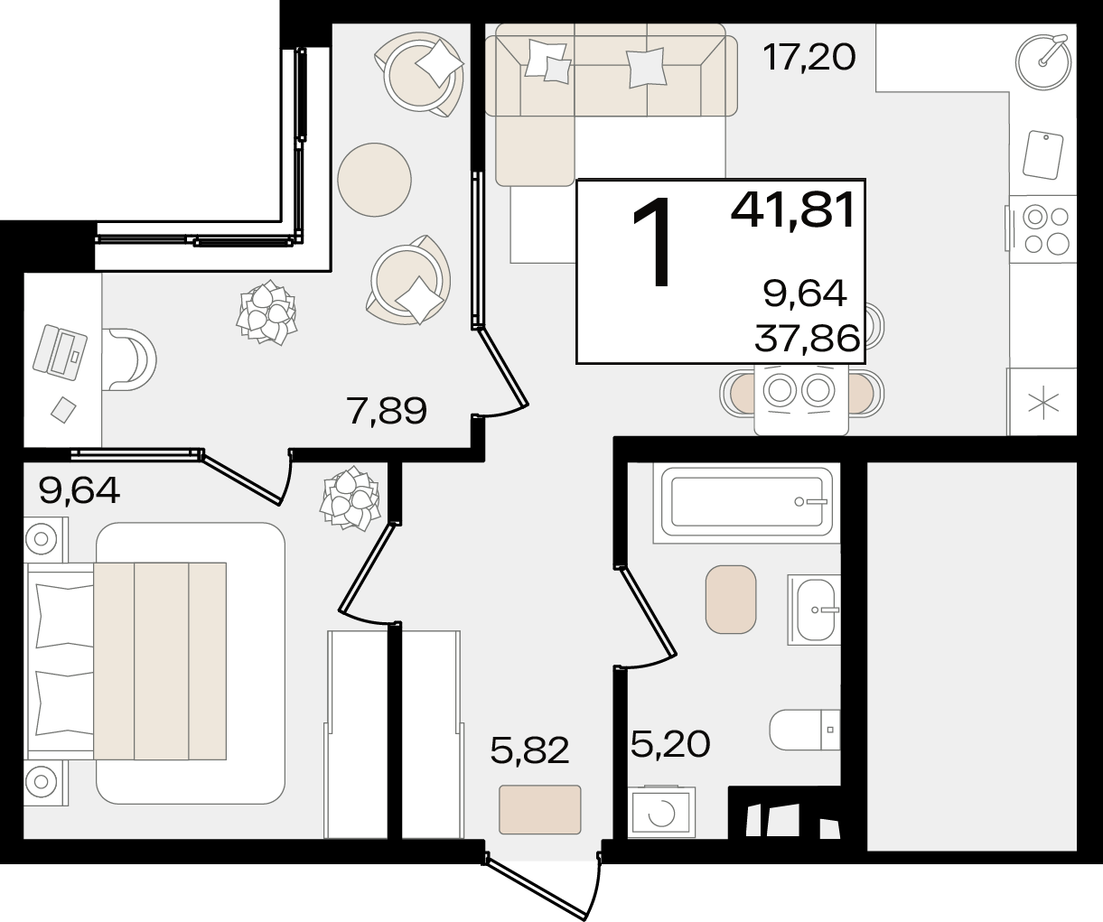 1-комнатная 41 м2 в ЖК Патрики корпус null этаж 12