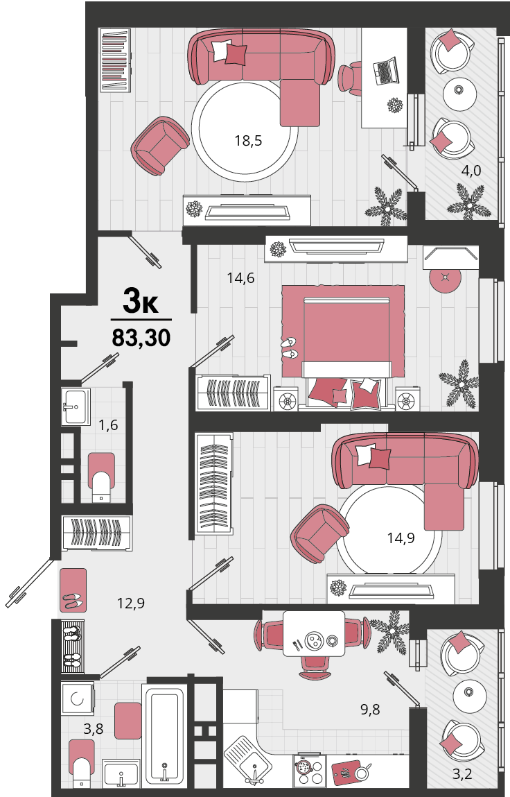 3-комнатная 83 м2 в ЖК Родные просторы корпус null этаж 5