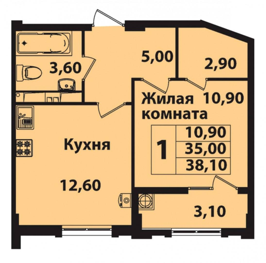 1-комнатная 38.1 м2 в ЖК undefined корпус null этаж 5