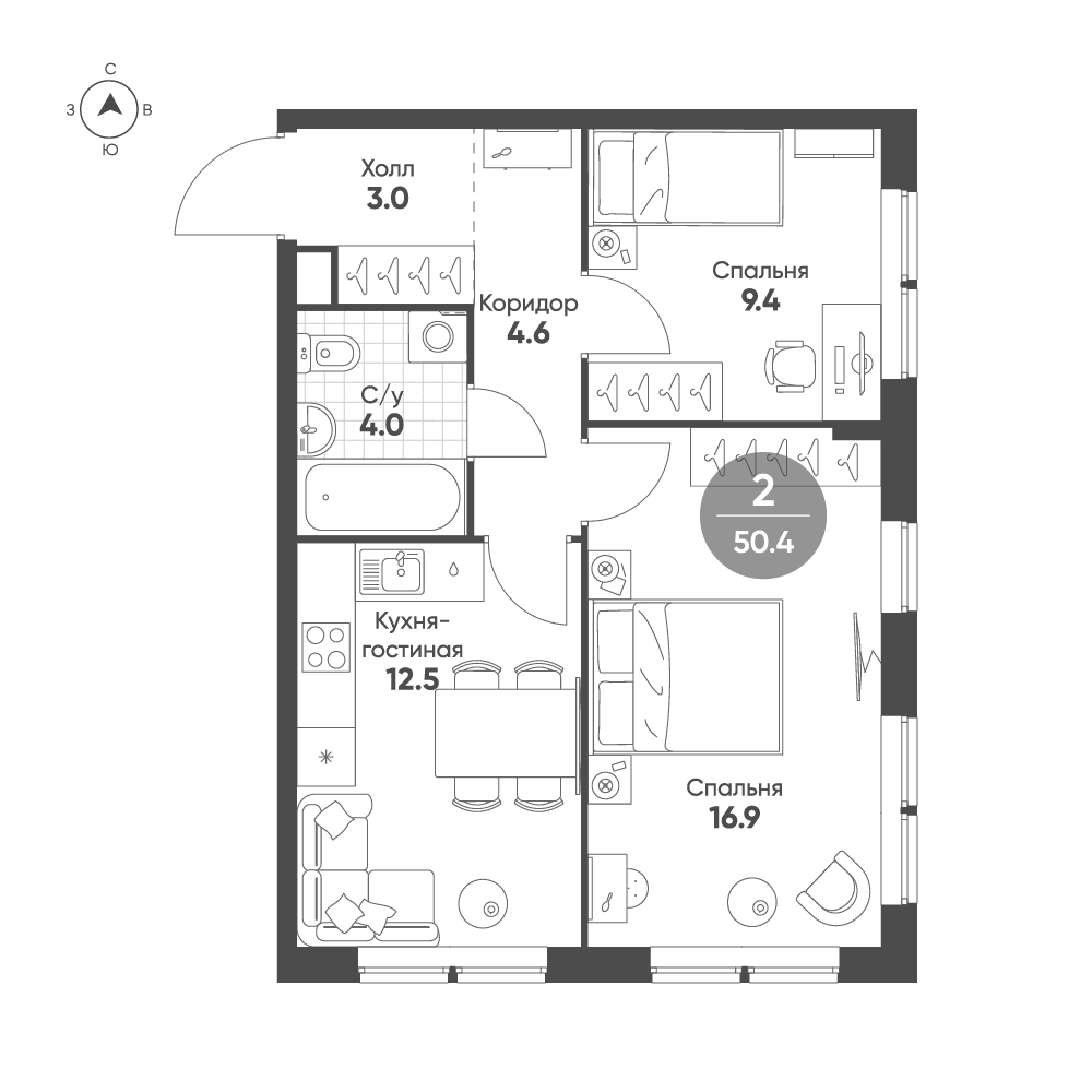 2-комнатная 50 м2 в ЖК Sokolinn Park корпус null этаж 10