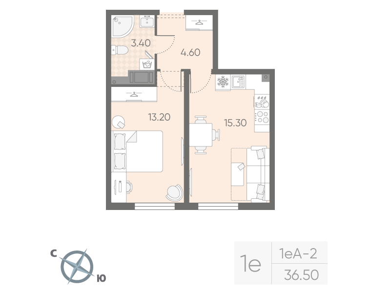 1-комнатная 36 м2 в ЖК Октябрьская набережная корпус null этаж 5