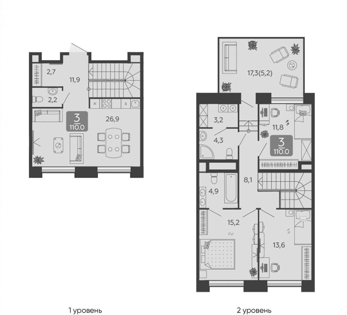3-комнатная 110.3 м2 в ЖК undefined корпус null этаж 4