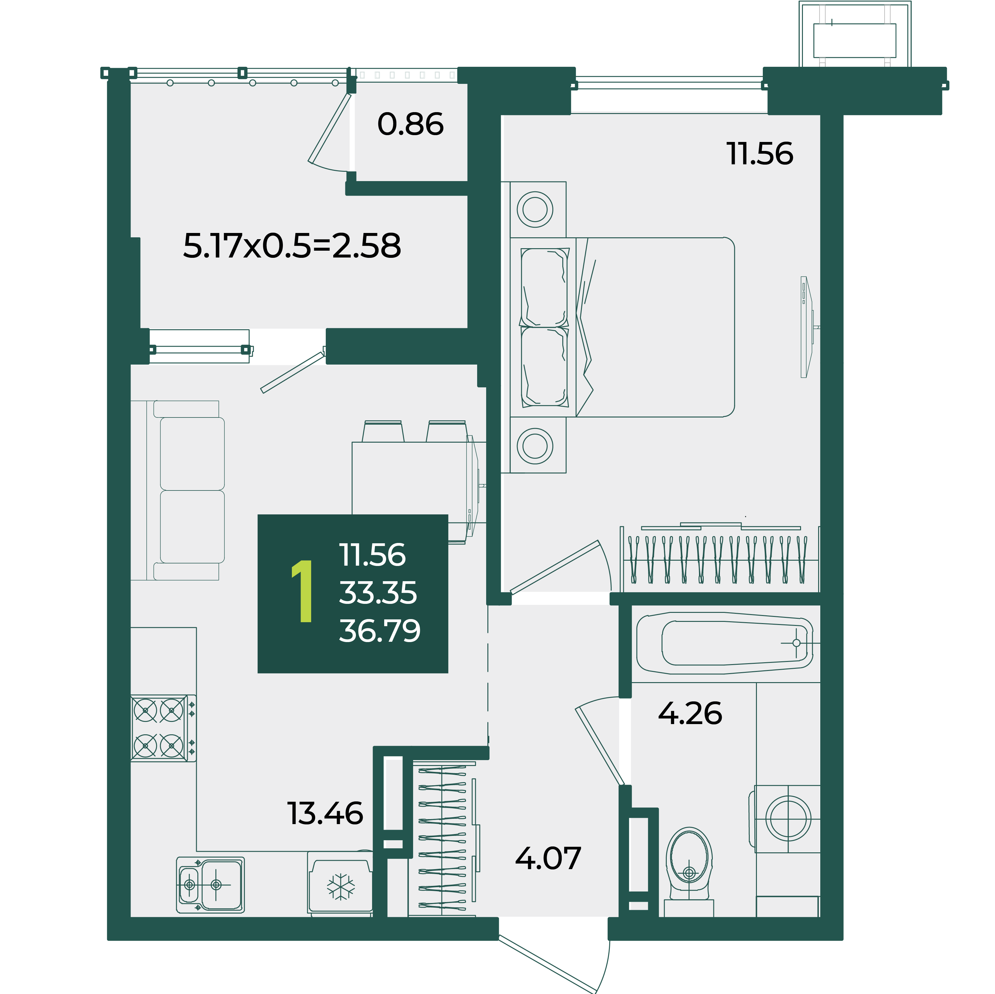 1-комнатная 36 м2 в ЖК Образцово корпус null этаж 10