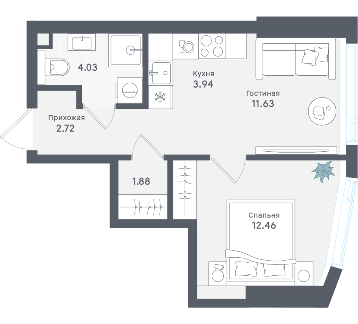 1-комнатная 36 м2 в ЖК Solos корпус null этаж 15