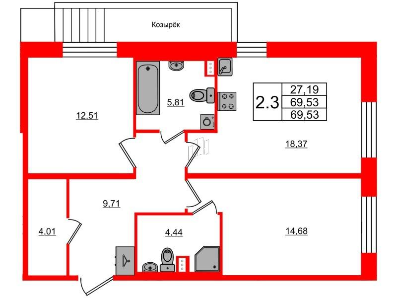 2-комнатная 68 м2 в ЖК Прайм Приморский корпус null этаж 1