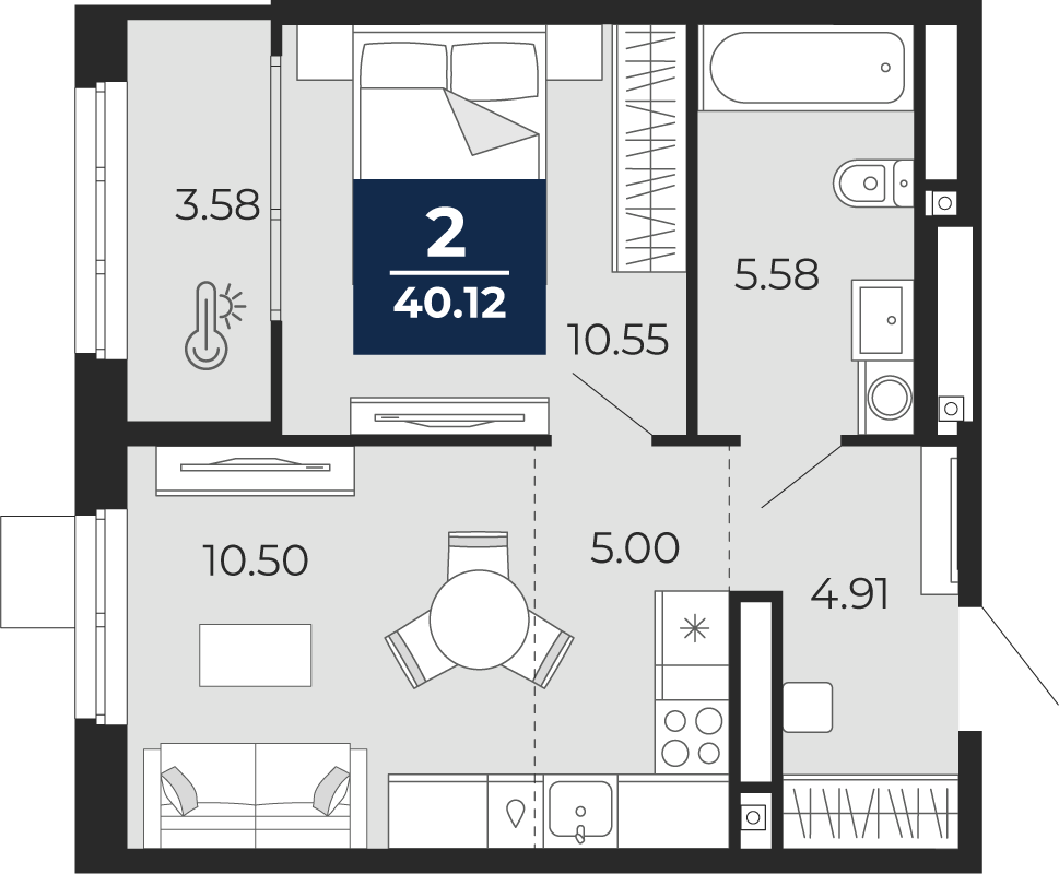 2-комнатная 40 м2 в ЖК Мириады корпус null этаж 8