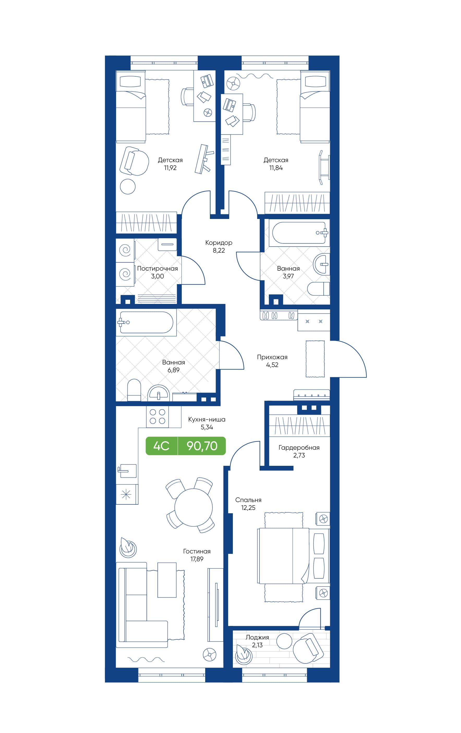 4-комнатная 90 м2 в ЖК Биография корпус null этаж 4
