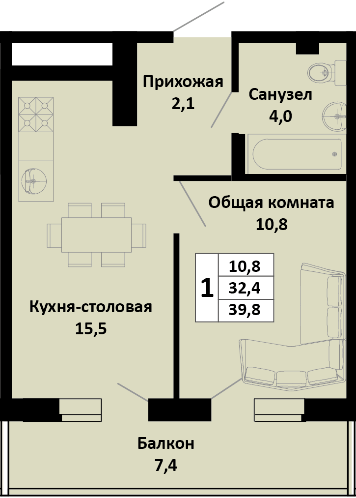 1-комнатная 39 м2 в ЖК Южные соседи корпус null этаж 4