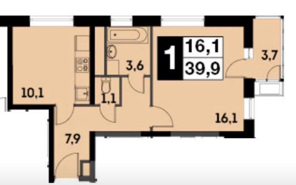 1-комнатная 39.6 м2 в ЖК undefined корпус null этаж 2