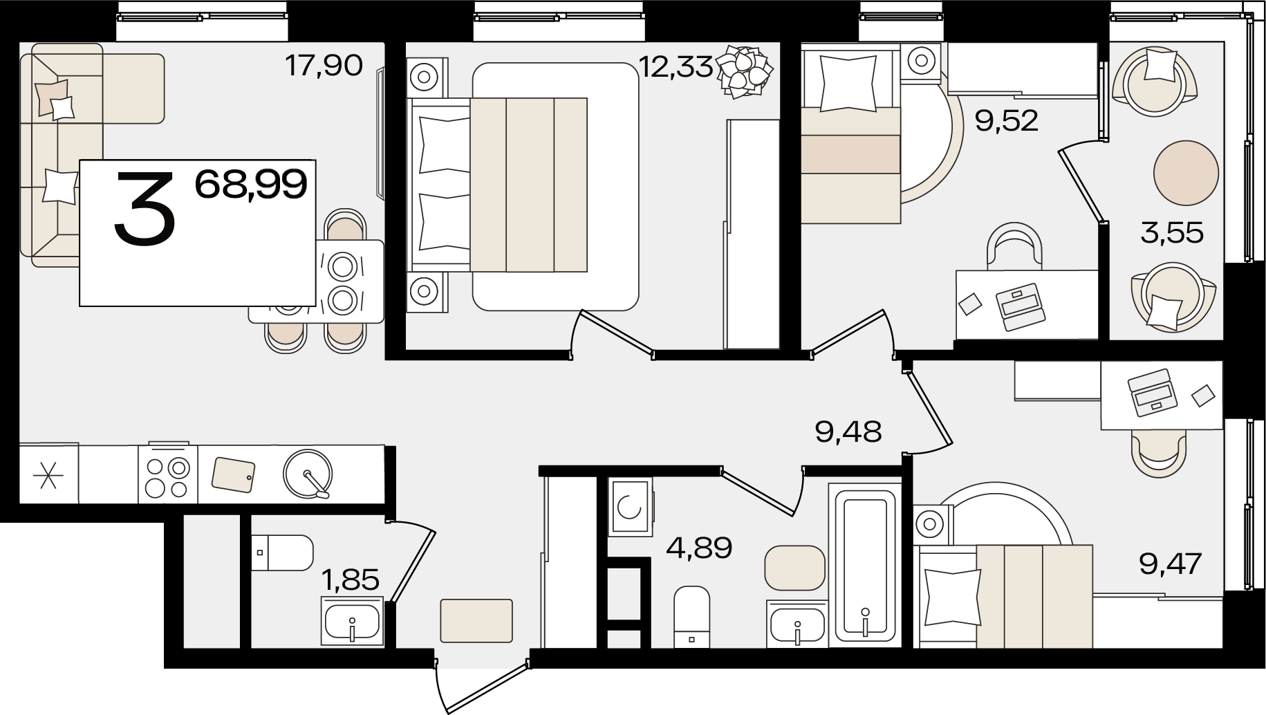 3-комнатная 68 м2 в ЖК Патрики корпус null этаж 10