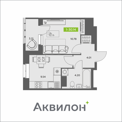 1-комнатная 30 м2 в ЖК Аквилон АКВАРТАЛ корпус null этаж 10