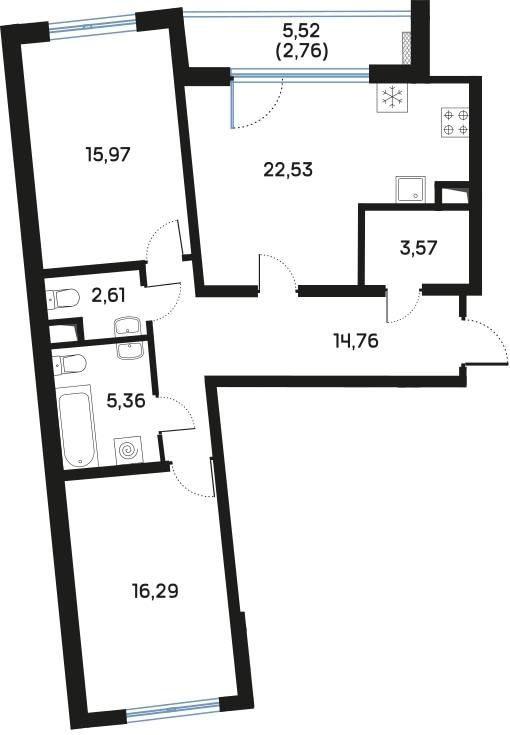 2-комнатная 83 м2 в ЖК Регенбоген корпус null этаж 4