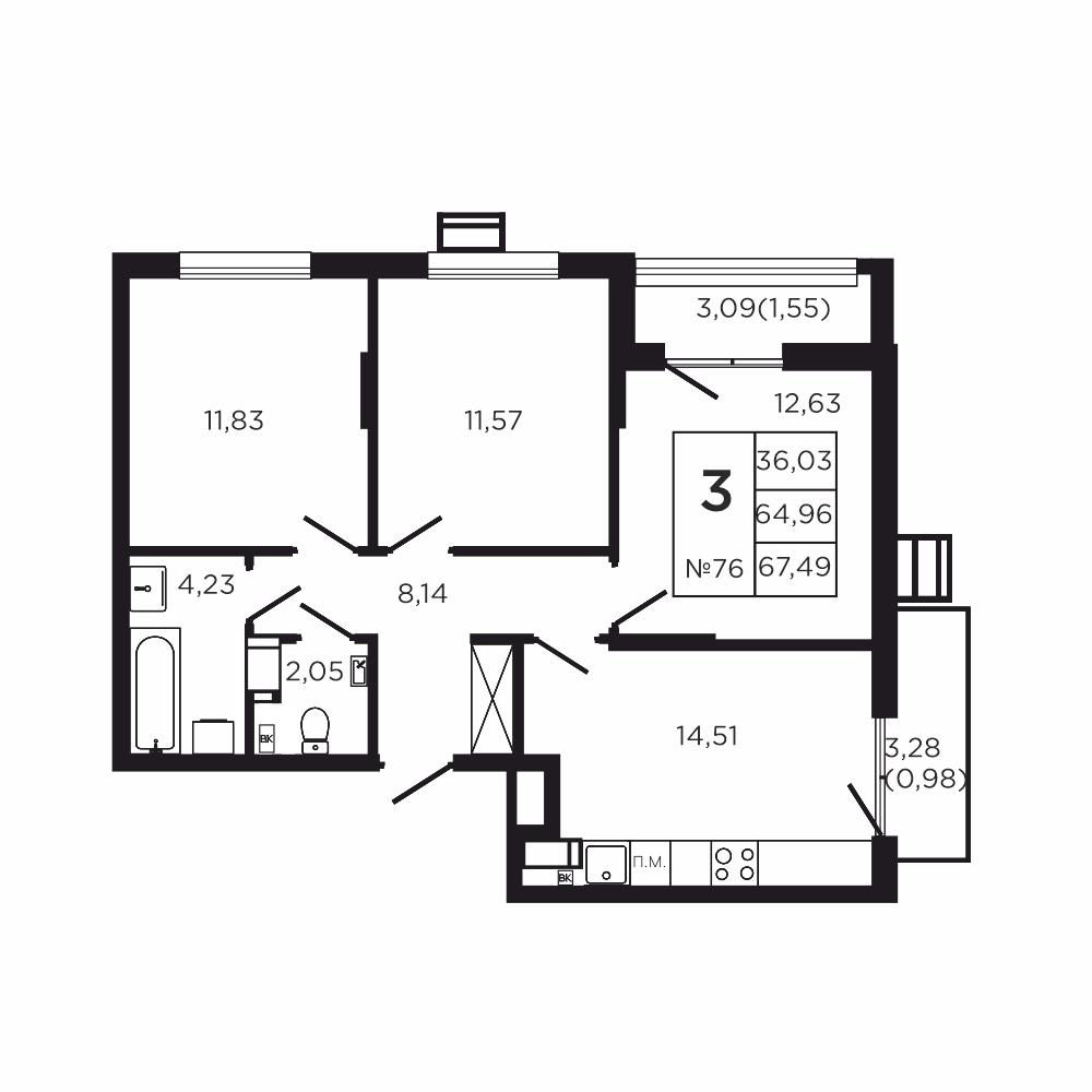 3-комнатная 71 м2 в ЖК Соседи корпус null этаж 8