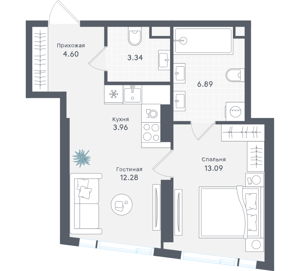 1-комнатная 44 м2 в ЖК Solos корпус null этаж 16
