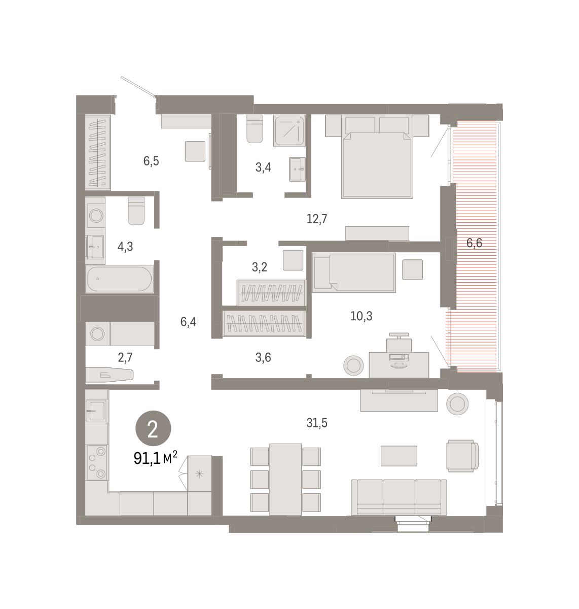 2-комнатная 91 м2 в ЖК Республики 205 корпус null этаж 7