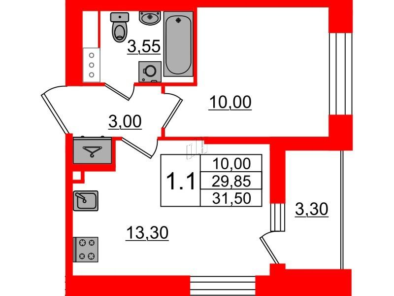1-комнатная 29 м2 в ЖК Бионика Заповедная корпус null этаж 11