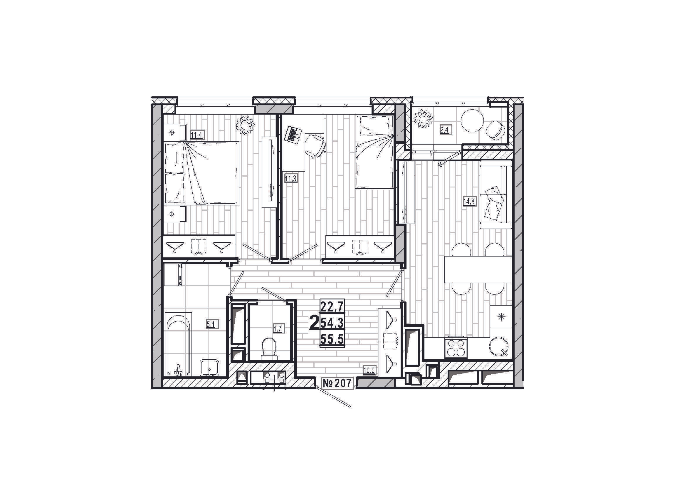 2-комнатная 55 м2 в ЖК Дом на Маяковского корпус null этаж 7