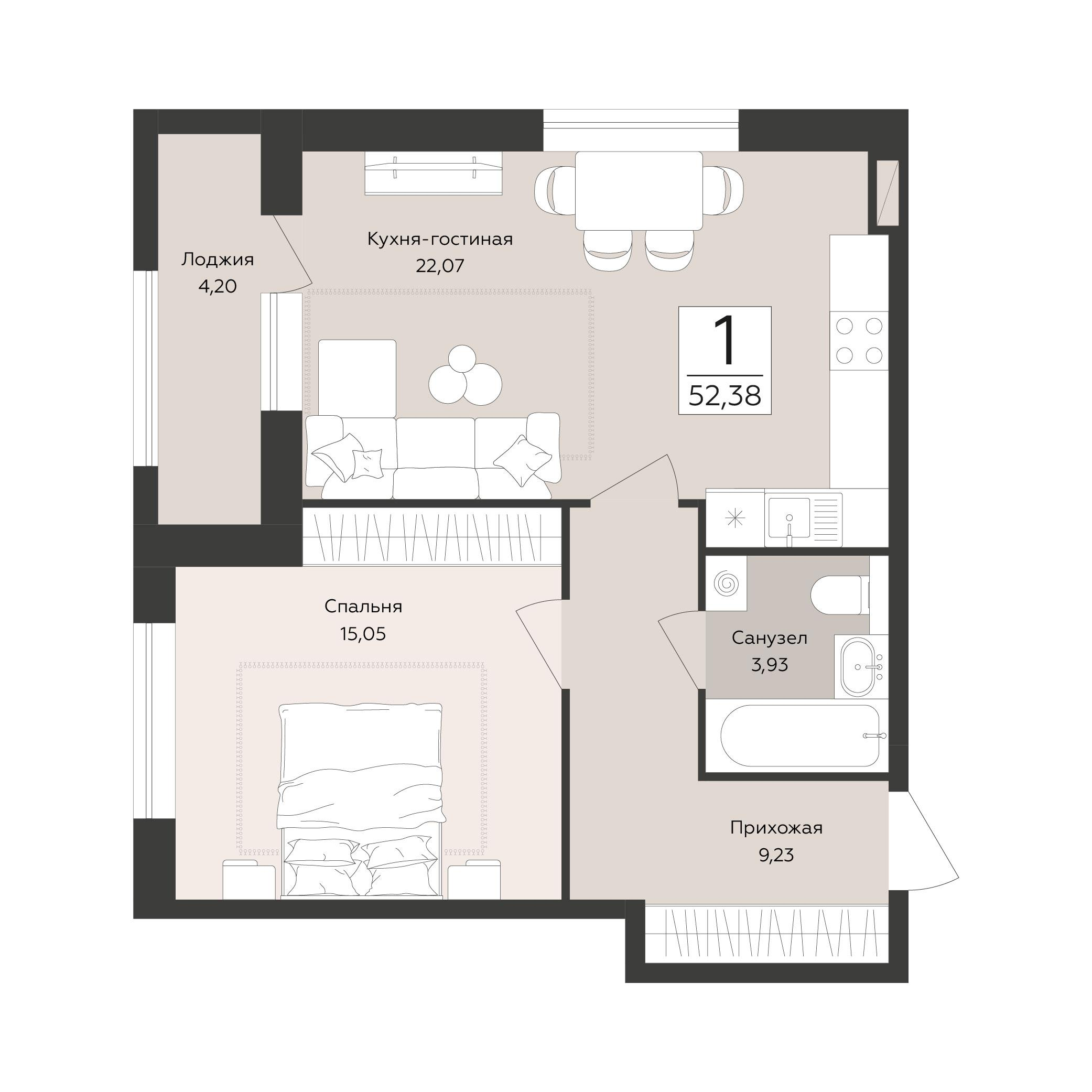 1-комнатная 52 м2 в ЖК Эклипс корпус null этаж 8