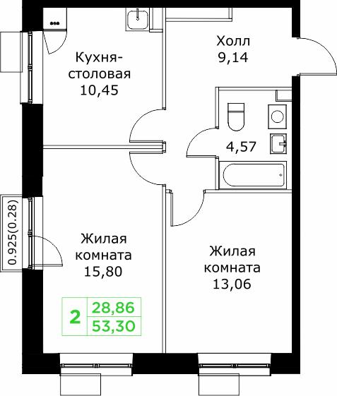 2-комнатная 53 м2 в ЖК Кит корпус null этаж 23