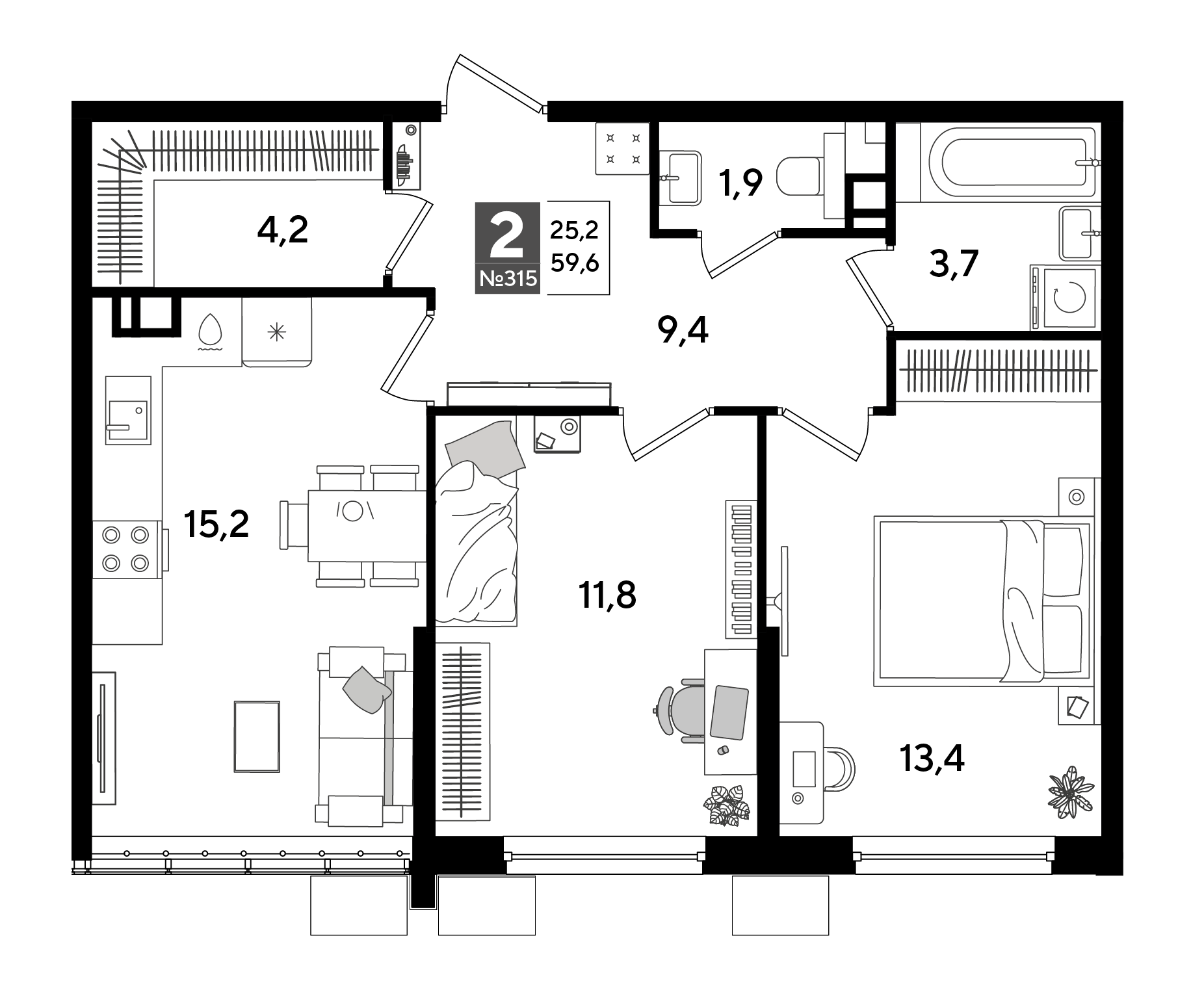 2-комнатная 59 м2 в ЖК Dogma Park корпус null этаж 5