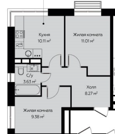 2-комнатная 42.4 м2 в ЖК undefined корпус null этаж 6