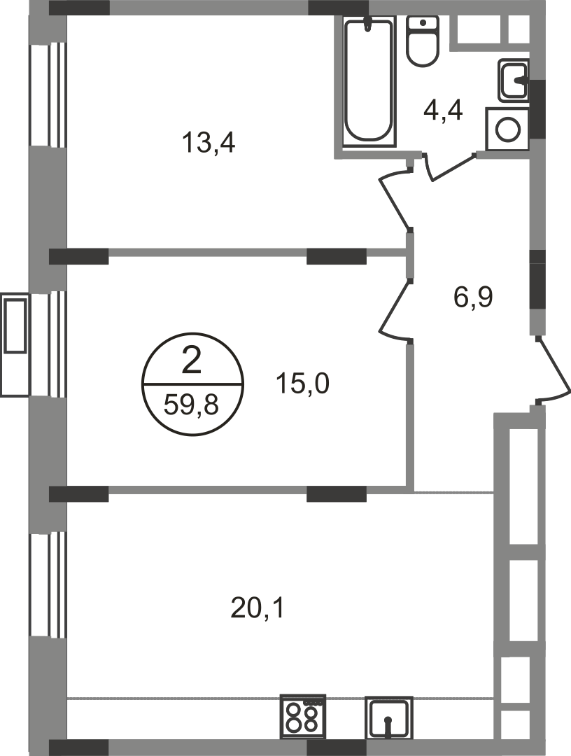 2-комнатная 59 м2 в ЖК Резиденции Сколково корпус null этаж 7