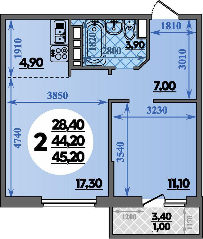 2-комнатная 45 м2 в ЖК Парк у дома корпус null этаж 15