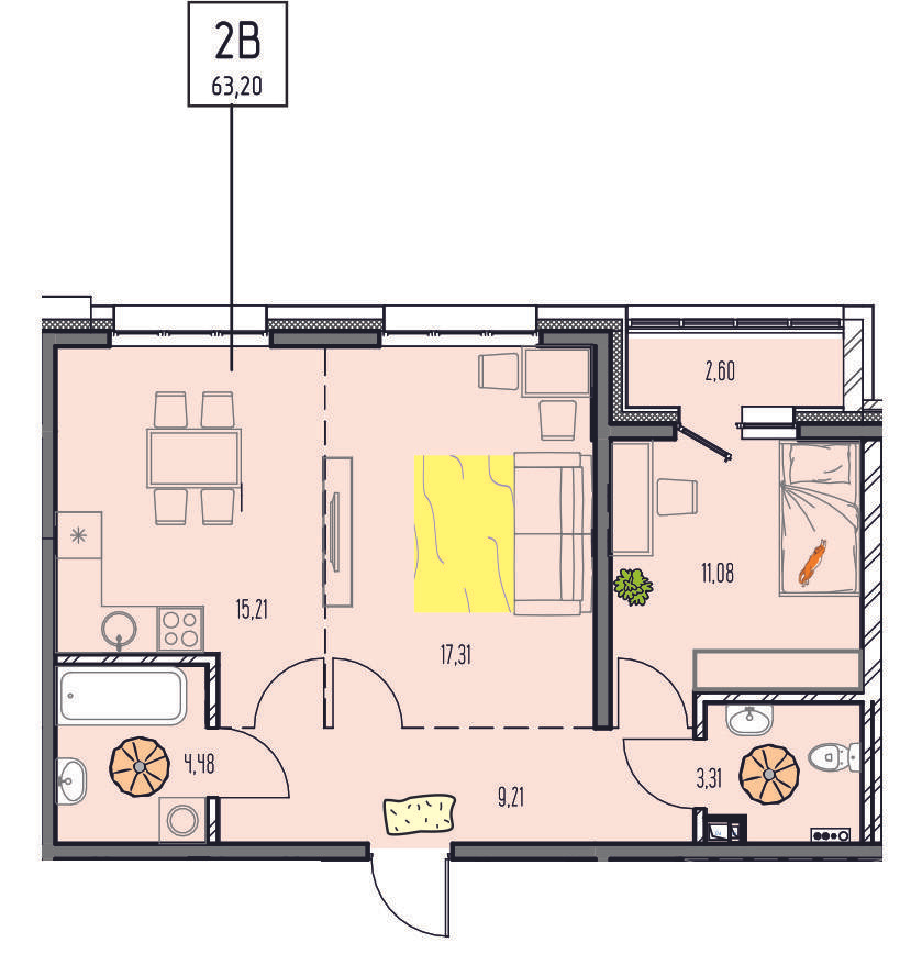 2-комнатная 63 м2 в ЖК Лотос корпус null этаж 15