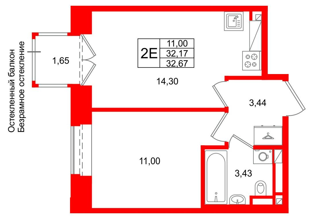 1-комнатная 32 м2 в ЖК Аристократ корпус null этаж 4