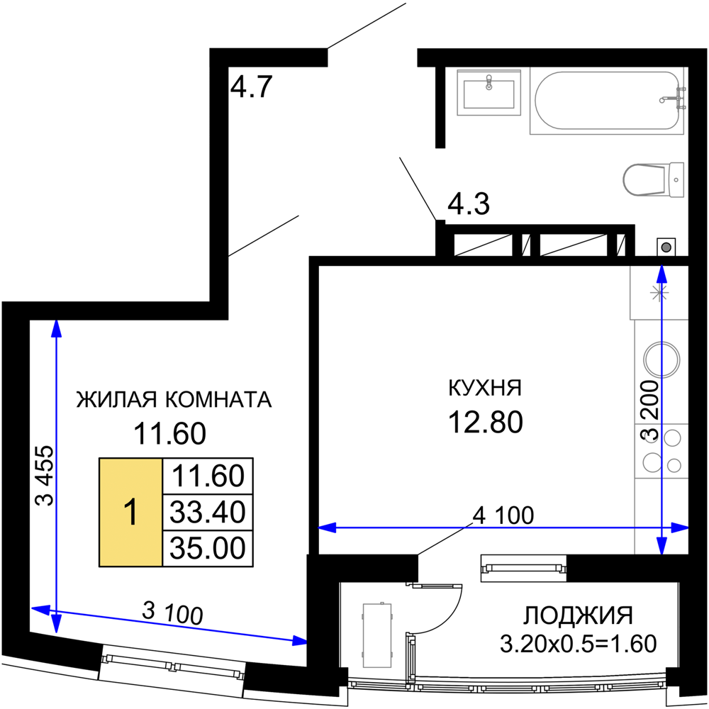 1-комнатная 35 м2 в ЖК Фонтаны корпус null этаж 6