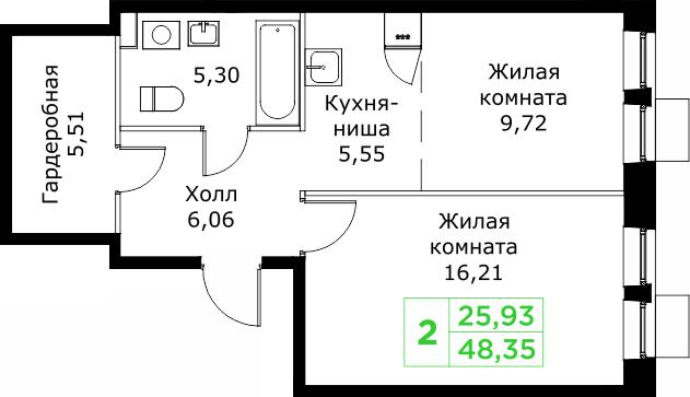 2-комнатная 48 м2 в ЖК Кит корпус null этаж 25