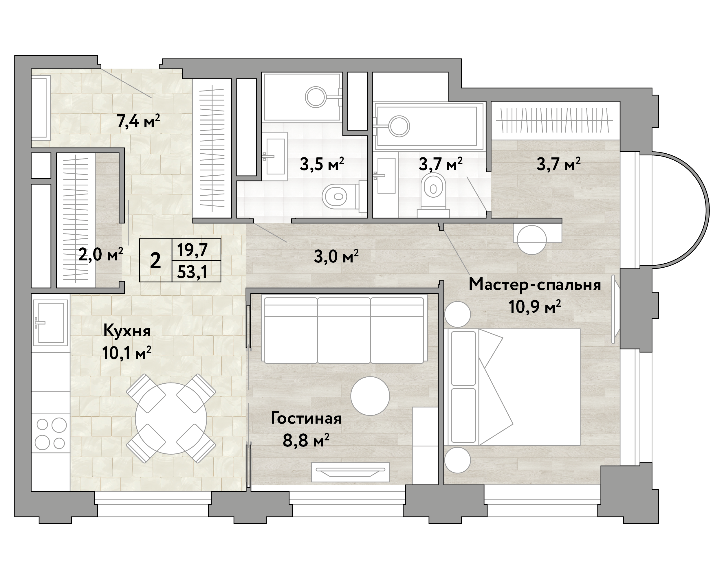 2-комнатная 53 м2 в ЖК Новые Смыслы корпус null этаж 9