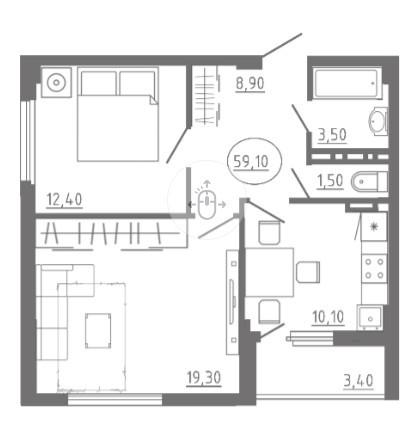 2-комнатная 59.1 м2 в ЖК undefined корпус null этаж 10