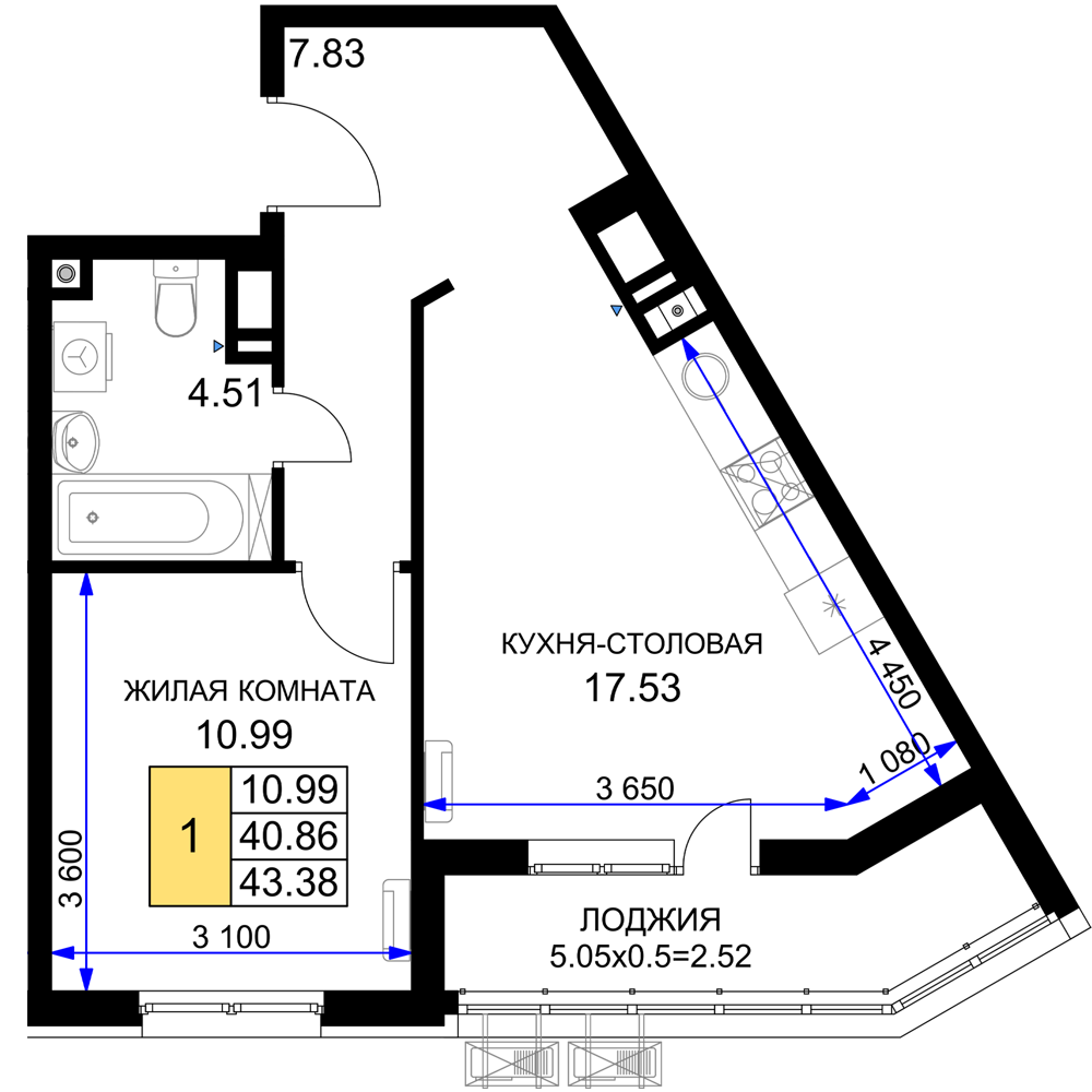1-комнатная 43.4 м2 в ЖК undefined корпус null этаж 14