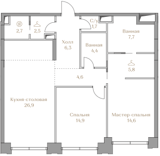2-комнатная 92 м2 в ЖК Luzhniki Collection корпус null этаж 3