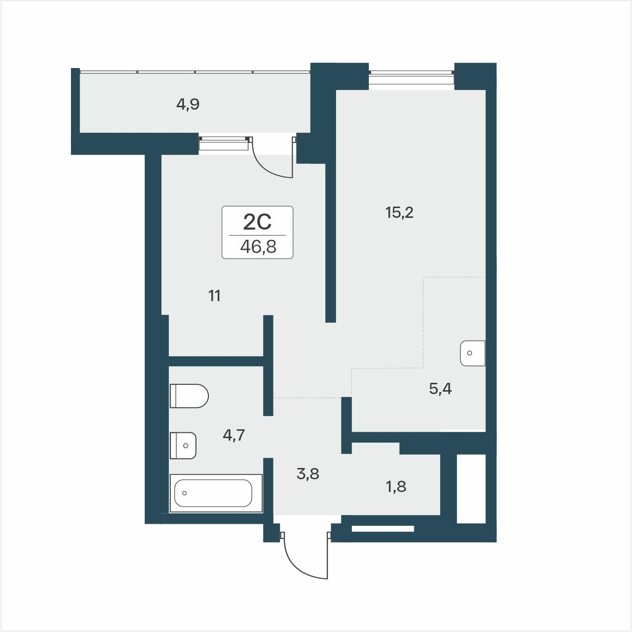 2-комнатная 46 м2 в ЖК Расцветай на Учительской корпус null этаж 12