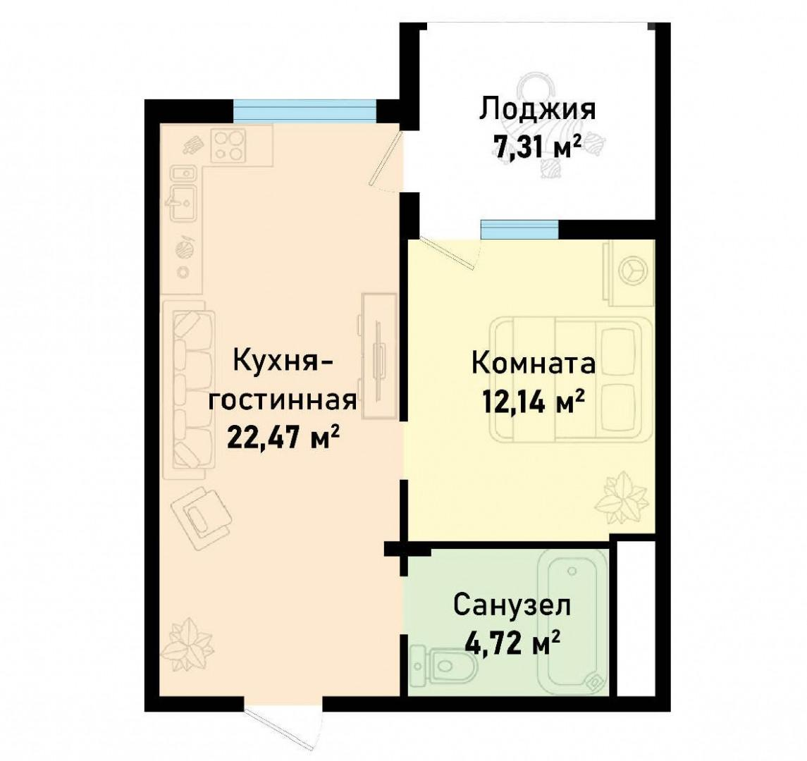 1-комнатная 46.4 м2 в ЖК undefined корпус null этаж 6